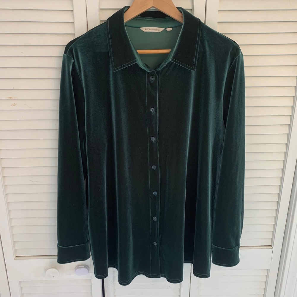 Soft Surroundings Velvet Boyfriend Button Tunic Shirt Top Blouse Green Womens XL